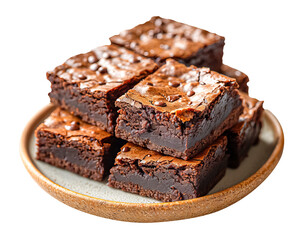 Fototapeta na wymiar Brownies on a brown plate, a dessert that consists of a chocolate cake that is cut into squares isolated on a transparent background