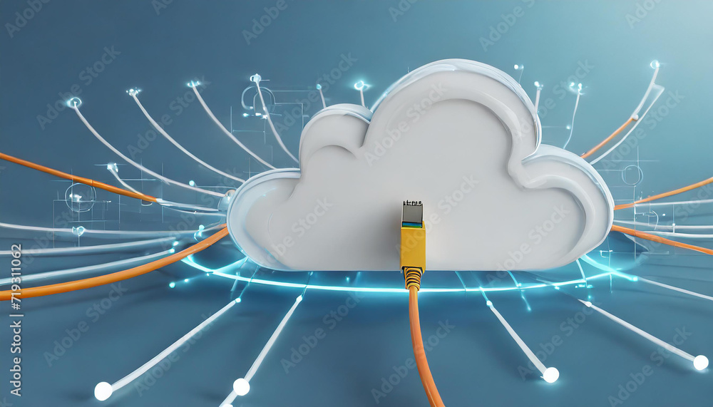 Wall mural cloud computing technology concept background, white cloud connect with network cable, 3d rendering.