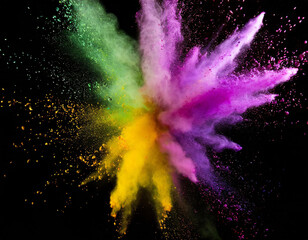 Colored powder explosion. Colorful purple, green, gold colors dust on black background. Holi paint powder splash in colors of Mardi gras carnival