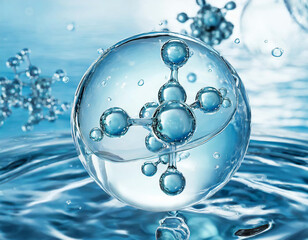 Cosmetic Essence, Liquid bubble, Molecule inside Liquid Bubble on water background, 3d rendering