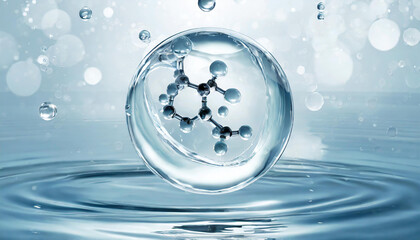 Cosmetic Essence, Liquid bubble, Molecule inside Liquid Bubble on water background, 3d rendering
