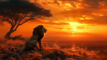 Rollo lion sits proudly on a hill as the sun sets, casting a golden glow over the savannah and a distant mountain range © weerasak