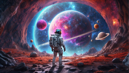 An astronaut in front of a space portal on a fantasy planet - obrazy, fototapety, plakaty