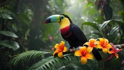 Obraz premium toucan in the jungle, Toucan 4k wallpaper, tropical rainforest, colorful flowers, hd created with generative ai 