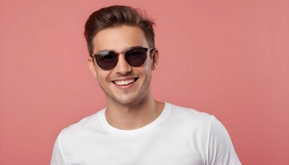 mockup: full young man wearing sunglasses smiling with blank white t-shirt on a pastel red...
