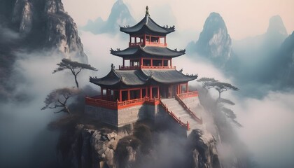 Fantasy background with mysterious ancient Chinese temple in mountains in the fog. Buddhist temple...