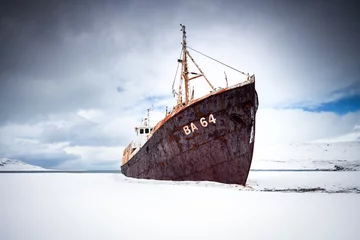Gordijnen rabandoned ship wreck Gardar BA 64, Djupavik, Iceland © Herlinde