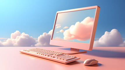Computer keyboard, monitor and mouse on pastel pink table. Isolated blue sky background. Cloud computing technology concept, digital communication, modern office, freelancers work.