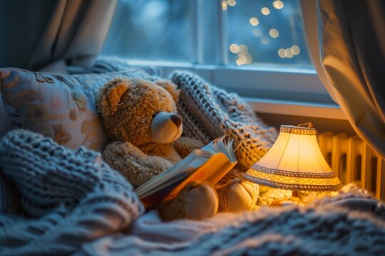 Cozy teddy bear nestled among plush blankets and cushions in a snug reading nook with a vintage lamp casting a gentle glow