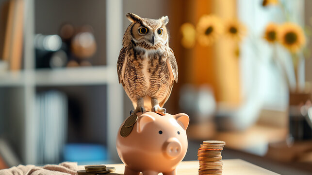 Wise Financial Planning: Confident Owl Perched on a Brimming Piggy Bank Surrounded by Two Coins - Symbolizing the Rewards of Diligent Saving, Investment Wisdom, and Smart Money Management