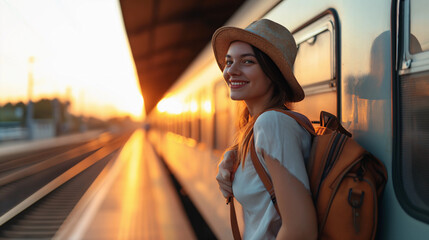 happy young woman in hat and backpack standing on platform of train at station - obrazy, fototapety, plakaty