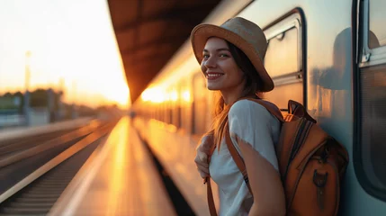Fototapeten happy young woman in hat and backpack standing on platform of train at station © Vitalii