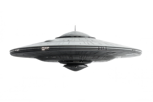 UFO, alien spaceship isolated on transparent background, Close up of flying saucer, Alien abduction concept