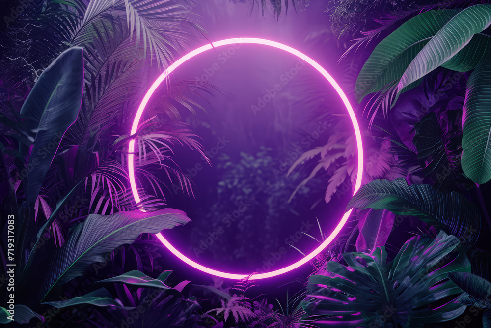 Wall mural Neon round frame surrounded by tropical leaves, Creative natural background with ultraviolet exotic plants and luminous border - Wall murals