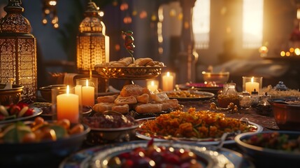 Fototapeta na wymiar Traditional Ramadan iftar food with candel