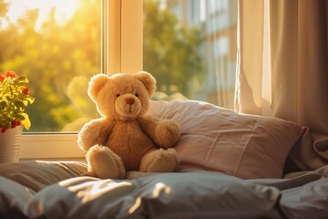 Adorable teddy bear sitting on a sunlit windowsill surrounded by soft pillows and bathed in warm golden light