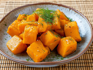 Cubed candied yams arranged on a simplistic ceramic plate, set upon a bamboo mat, with a minimalist garnish of dill, and a delicate drizzle of butter - Powered by Adobe