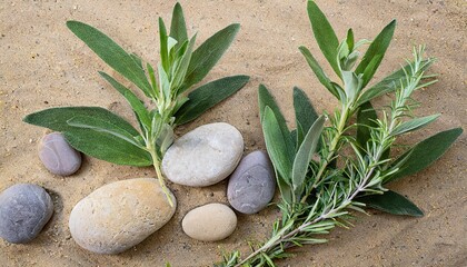 Obraz na płótnie Canvas natural harmony sage twig and pebble rocks on sand serene botanical background