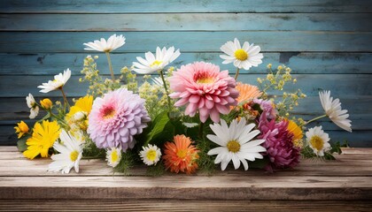 garden flowers over wooden background