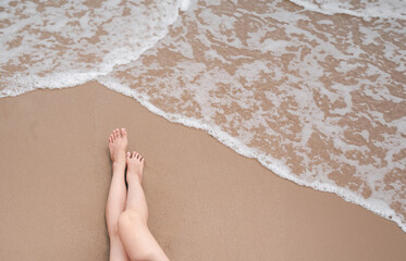 beach, sand, relax, sea, summer, vacation, girl, holiday, tropical, female. barefoot standing at...