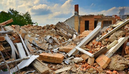 piles of rubble after house demolition - obrazy, fototapety, plakaty