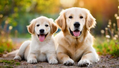 happy golden retriever puppy and adult dog on background - obrazy, fototapety, plakaty