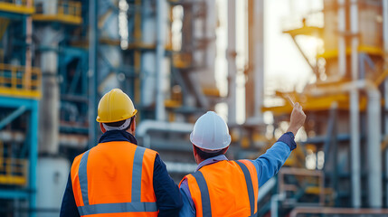 Engineer in safety helmet is supervising work in a large oil refinery, industrial quality inspection concept.