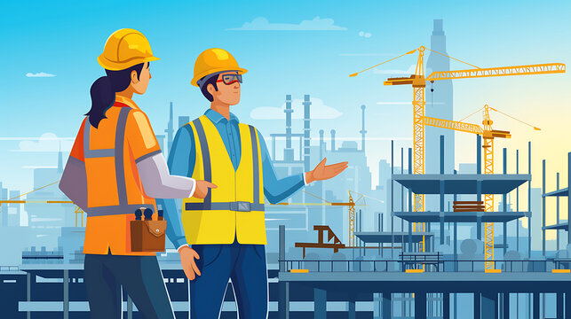 Engineer and workers wearing helmets collaborate at a construction site, surrounded by cranes and machinery, emphasizing safety and teamwork in the industrial setting