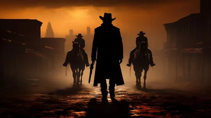 Poster Silhouette of Cowboy riding horse with desert sunset landscape scene background illustration design. © alexkich