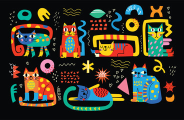 Collection with cute cats ,decorative abstract illustrations with colorful doodles, geometric shapes. Hand-drawn modern illustration with cats, flowers, abstract elements