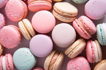 Obraz premium Pastel macaron on light pink background or dessert cake macaron, Top view, generative ai