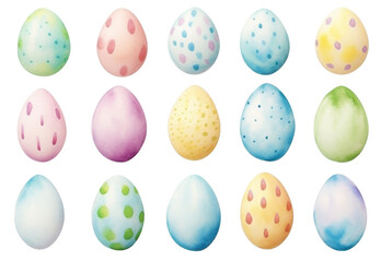 Assorted watercolor Easter eggs with various patterns on a white background.