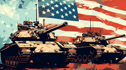 Tank silhouette on USA flag. Military equipment made in America. USA army ground forces. Tank production in united states. Heavy military equipment from USA. - obrazy, fototapety, plakaty