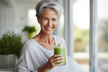 A healthy senior woman smiling while holding some green juice at home.