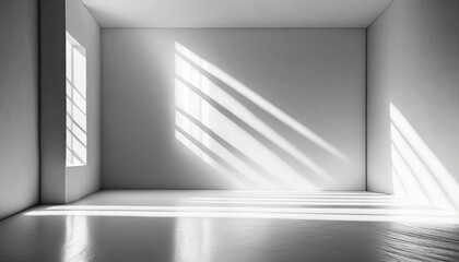 abstract white studio background with shadows of window empty 3d room display product with blurred backdrop