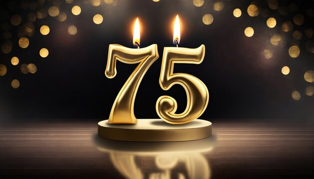luxurious dark background adorned with a golden flame illuminating a 75th birthday candle