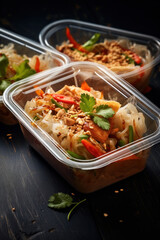 A modern Thai food lunch boxe in plastic packages.