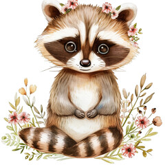 Fototapeta na wymiar Illustration of a raccoon with flowers and leaves, watercolor style.