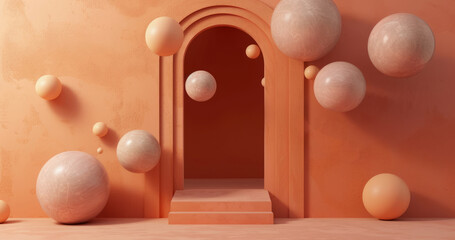 Fototapeta na wymiar abstract door with sphere going outside pale orange, conceputal visual, thinking freedom box concrete sand