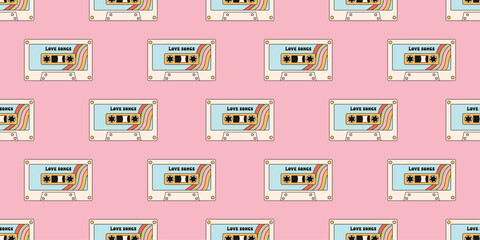 Vector seamless pattern with vintage cassette 80-90s. Retro cartoon music print 90s. 