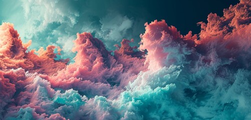 Ethereal gradients of soft coral and celestial teal, a tranquil digital dreamscape. - obrazy, fototapety, plakaty