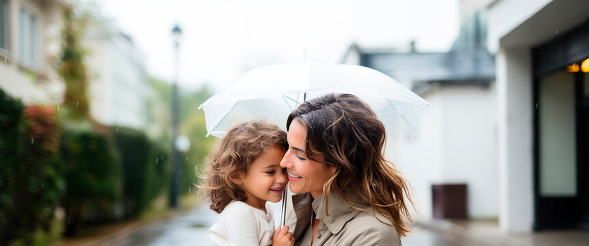 Mother and daughter with umbrellas in the rain on a rainy day