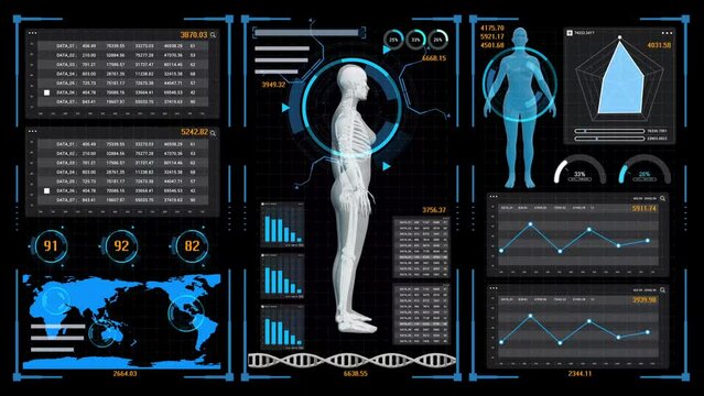 Discover a medical user interface with futuristic medicine infographics and dynamic health technology HUD elements. Artificial intelligence analyzes and displays medical data on a holographic screen.