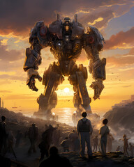 Fototapeta premium A new era unfolds as engineers master the art of intelligent mecha robots, working alongside scrapyard to restore balance - Generated by Generative AI