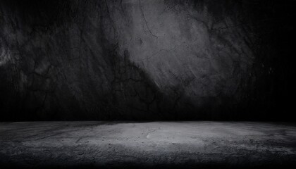 dark black room with rough cement concrete floor and grunge wall background - obrazy, fototapety, plakaty