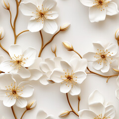Hyper Realistic Minimal Metallic Gold Cherry Blossoms on White Background Seamless Pattern