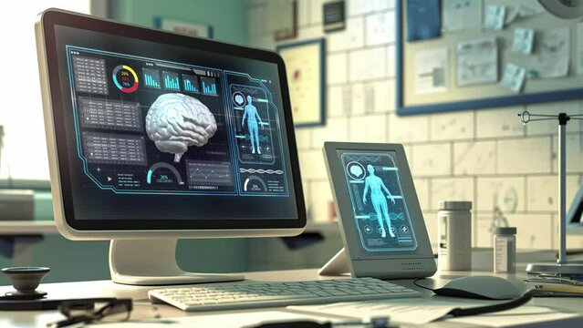 Discover a medical user interface with futuristic medicine infographics and dynamic health technology HUD elements. Artificial intelligence analyzes and displays medical data on a holographic screen.