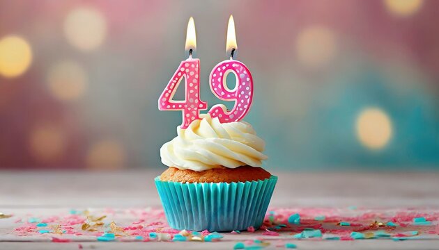 Birthday cupcake with burning lit candle with number 49. Number fourtynine for fourtynine years or fortyninth anniversary.