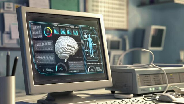 Medical User Interface with futuristic medicine infographics and Health Technology HUD elements in motion. Artificial intelligence analyzes and displays medical data on a holographic screen.