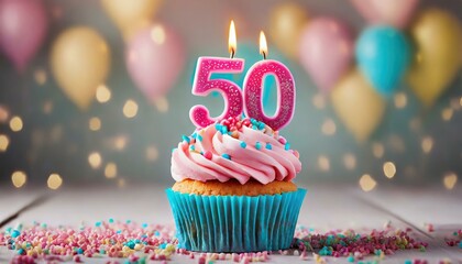 Birthday cupcake with burning lit candle with number 50. Number fifty for fifty years or fiftieth anniversary.